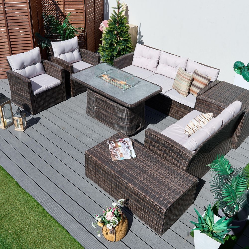 Nigella 7-Person Patio Outdoor Wicker Fire Pit Conversation Set with Beige Cushions-Brown price history on PriceWatchPro