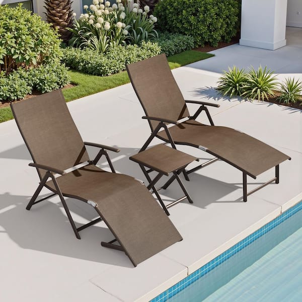 Crestlive Products 3-Piece Metal Outdoor Chaise Lounge with Side Table Folding Lounge Set with 8-Adjustable Positions Textilene in Brown