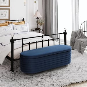 Farrah 54 in. Wide Oval Velvet Upholstered Entryway Flip Top Storage Bedroom Accent Bench in Navy Blue