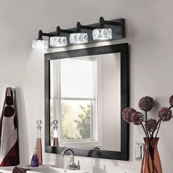 Byteany 28 in. 4-Light Black LED Vanity Light with Crystal Glass Shades