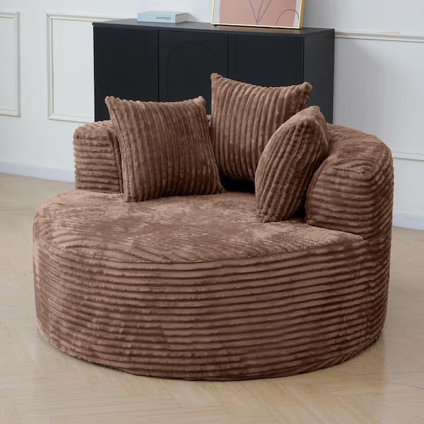 50 in. Oversized Black Round Corduroy Arm Chair Chaise Lounge in Dark Brown