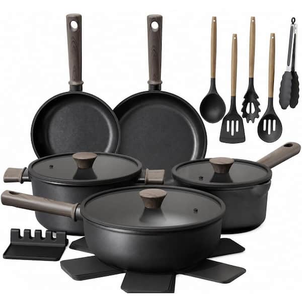 19-Piece Black Titanium Nonstick Cookware Set with Frying Pans and Glass Lids, Induction Compatible Kitchen Pots