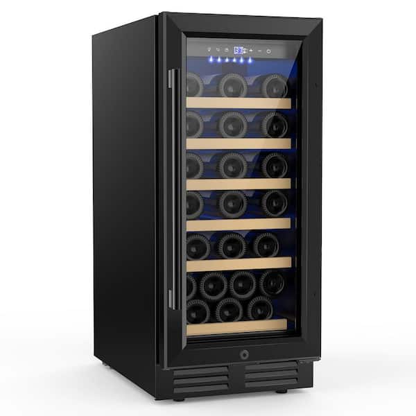 15 in. Single Zone 30-Bottle Wine Cooler in Black Built-in Reversible Door Hinge Wine Fridge Auto Blue Lighting
