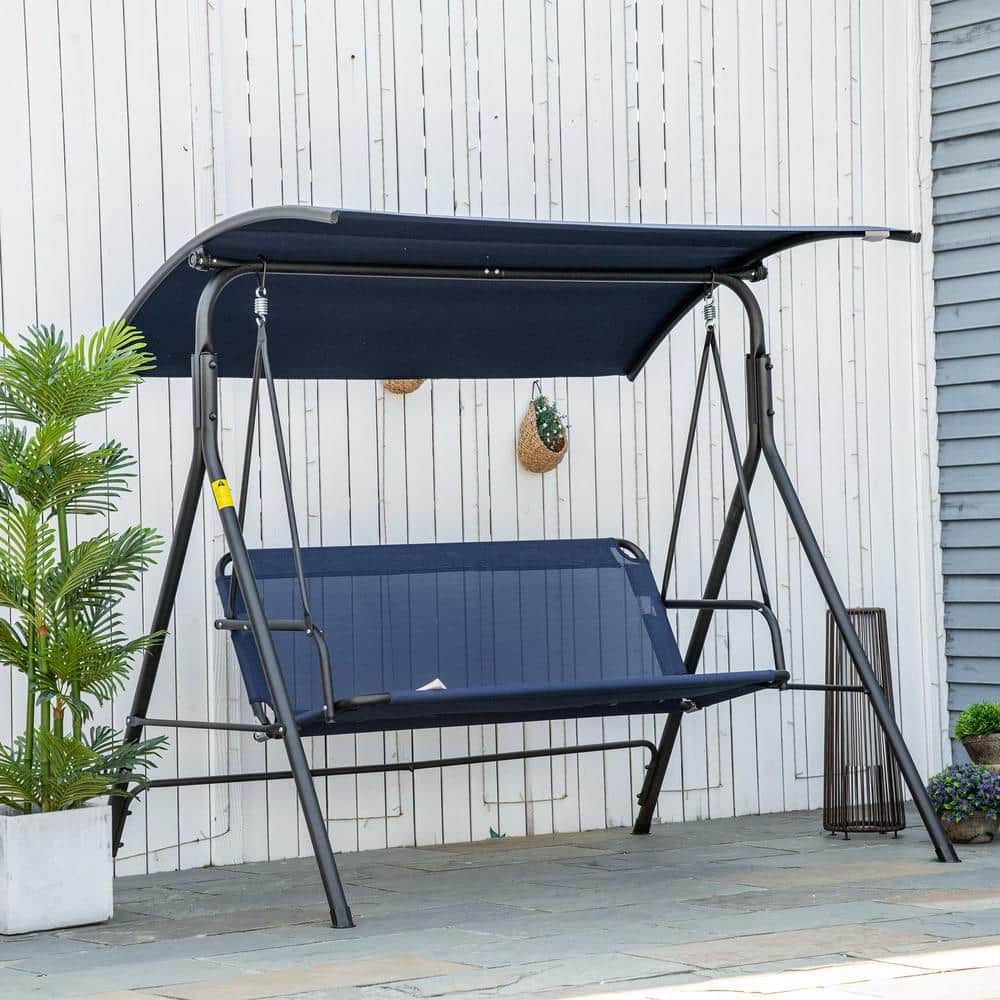 3-Person Dark Blue Metal Patio Swing with Adjustable Canopy