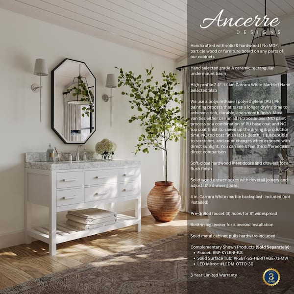 Elizabeth 48 in. W x 22 in. D Vanity in White with Marble Vanity Top in Carrara White with White Basin