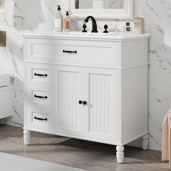36 in. Freestanding White Bath Vanity with White Ceramic Top Unassembled