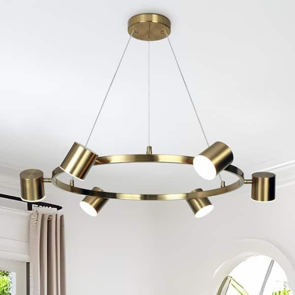 Modern 6-Light Brass Gold Integrated LED Chandelier, Adjustable Farmhouse Pendant Light for Kitchen Island, Living Room