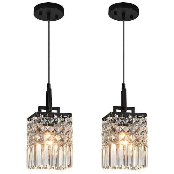 Home Lighting 40-Watt 1-Light Modern Square Black Crystal Pendant Light for Kitchen Island/Dining/Bedroom, (2-Pack)