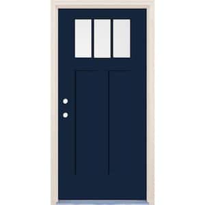 36 in. x 80 in. Right-Hand 3-Lite Clear Glass Indigo Painted Fiberglass Prehung Front Door with 4-9/16 in. Frame