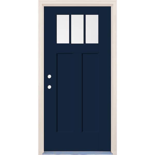 Builders Choice 36 in. x 80 in. Right-Hand 3-Lite Clear Glass Indigo Painted Fiberglass Prehung Front Door with 4-9/16 in. Frame