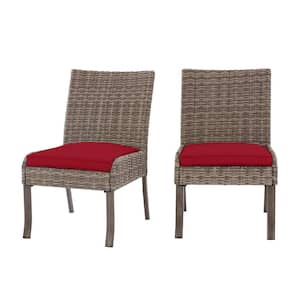 Windsor Brown Wicker Outdoor Patio Stationary Armless Dining Chair with CushionGuard Chili Red Cushions (2-Pack)