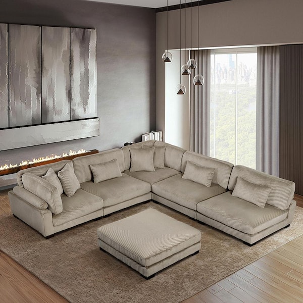 Lazzara Turbo 135 in. Pillow Top Arm 6-Piece Corduroy Modular Sectional Sofa in Taupe with Ottoman