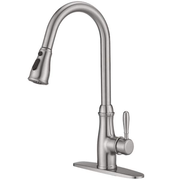 UPIKER Single-Handle Pull Down Sprayer Kitchen Faucet with Deckplate Included and 3 Modes in Brushed Nickel