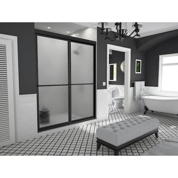 Coastal Shower Doors Newport 58 in. to 59.625 in. x 70 in. Framed Sliding Shower Door with Towel Bar in Matte Black and Aquatex Glass