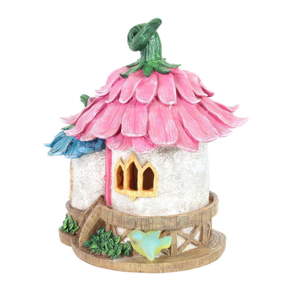 Solar Pink and Blue Daisy Petal Roof Fairy House Garden Statue