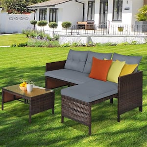 3-Piece Brown Wicker Patio Conversation Set with Gray Cushions