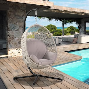 Patio Garden Wicker Porch Swing Hanging Chair for Indoor and Outdoor with C-Stand and Light Gray Cushion