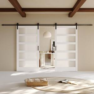 84 in. x 84 in. 5-Lite Frosted Glass White MDF Finished Double Sliding Barn Door Slab with Hardware and Soft Close