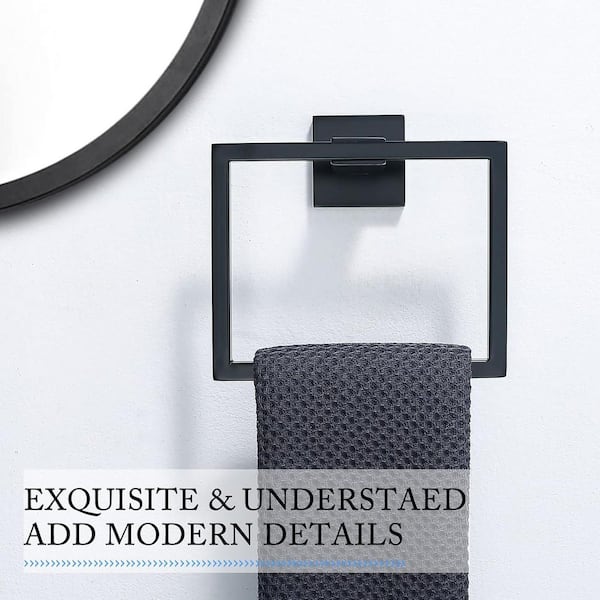 Wall Mounted Towel Ring Bath Round Towel Hanger for Bathroom Square Base Hand Towel Holder in Matte Black