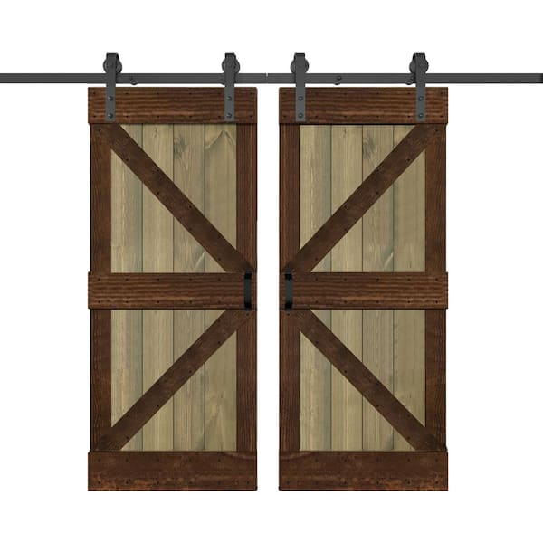 ISLIFE K Series 72 in. x 84 in. Aged Barrel/Kona Coffee Finished DIY Solid Wood Double Sliding Barn Door with Hardware Kit