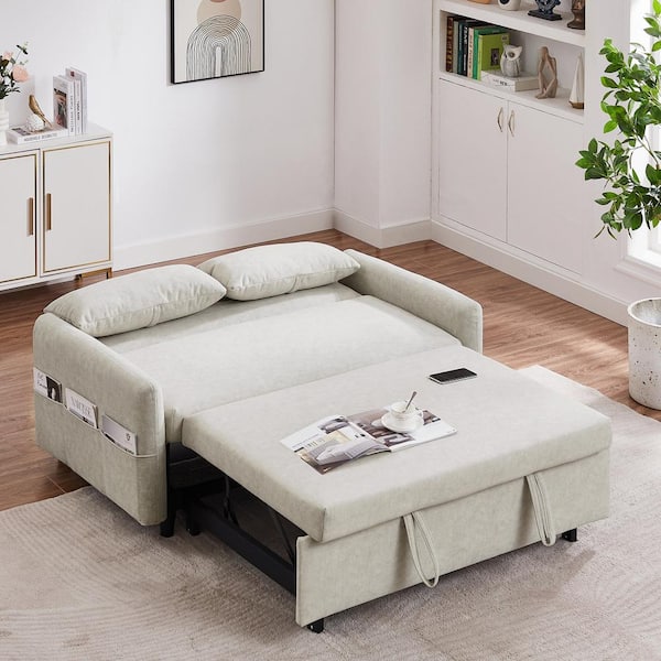 55 in. Pull Out Sleeper Sofa Bed Beige Microfiber Loveseats Couch with Adjsutable Backrest,Pockets,Pillows for Apartment
