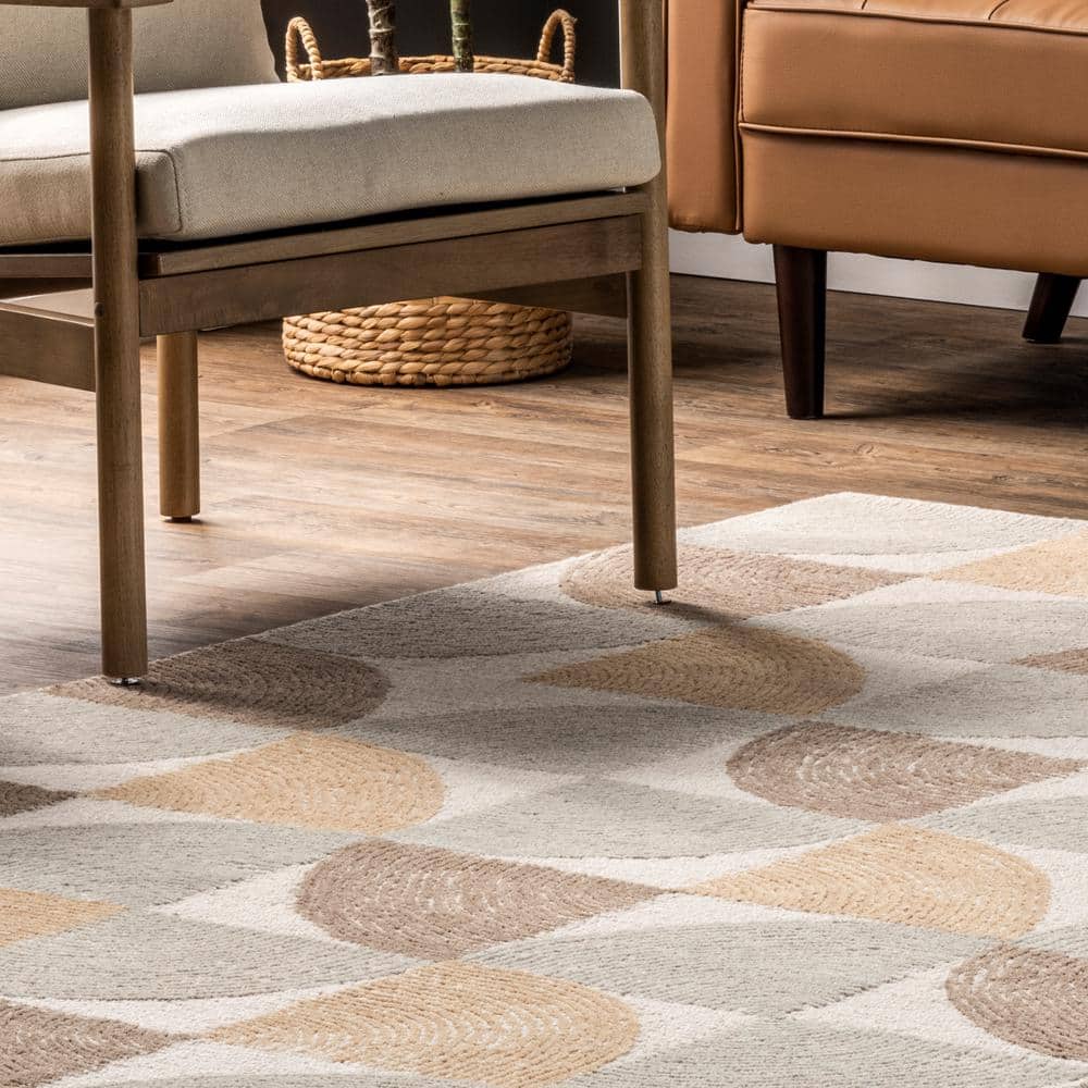 Beige and Light Gray Geometric Wool Tufted Area Rug, 5' x 8'