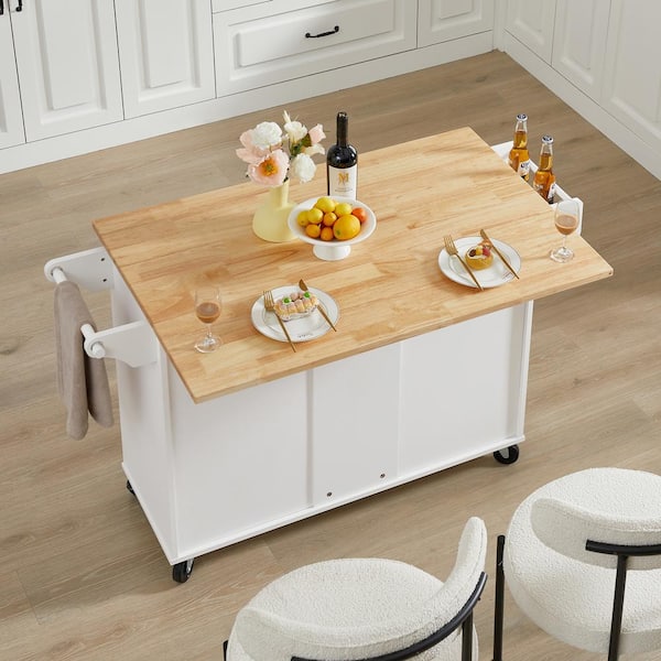 tunuo Kitchen Island White Wood 53 in. W Large Kitchen Island with