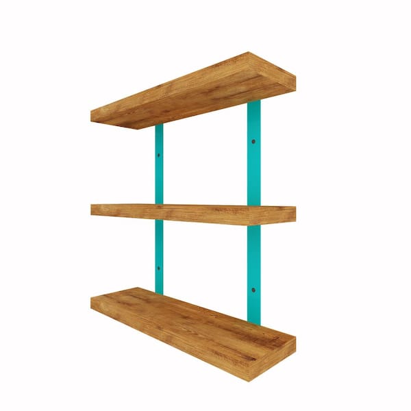 Intrinsic Haven Vivid Rich 20 in. W x 5.5 in. D Light Brown Pine Wood 3-Tiered Teal Bracket Decorative Wall Shelf