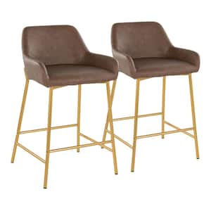 Daniella 24.5 in. Espresso Faux Leather, Gold Metal Fixed-Height Counter Stool (Set of 2)