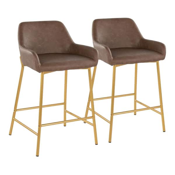 Lumisource Daniella 24.5 in. Espresso Faux Leather, Gold Metal Fixed-Height Counter Stool (Set of 2)