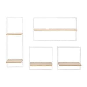 4-Piece White Metal Frame and Maple MDF Shelves Framed Wall Shelf Set