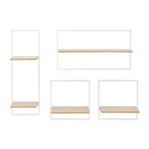 DANYA B 4-Piece White Metal Frame and Maple MDF Shelves Framed Wall Shelf Set