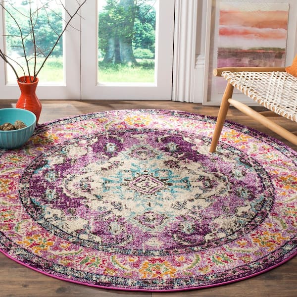 Monaco Violet/Light Blue 3 ft. x 3 ft. Distressed Border Medallion Round Area Rug