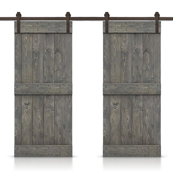 CALHOME Mid-Bar 52 in. x 84 in. Weather Gray Stained DIY Solid Pine Wood Interior Double Sliding Barn Door with Hardware Kit