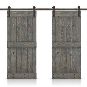 Mid-Bar 56 in. x 84 in. Weather Gray Stained DIY Solid Pine Wood Interior Double Sliding Barn Door with Hardware Kit