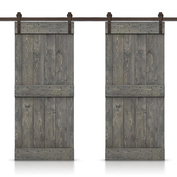 CALHOME Mid-Bar 56 in. x 84 in. Weather Gray Stained DIY Solid Pine Wood Interior Double Sliding Barn Door with Hardware Kit