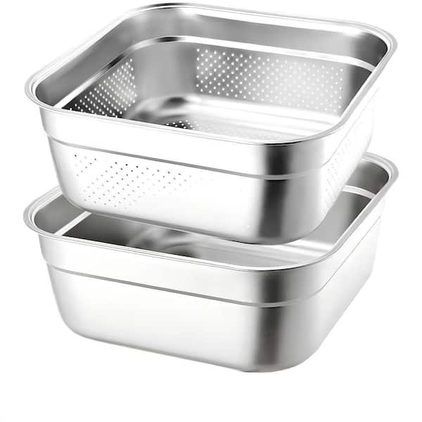 2-in-1 Large Capacity Square Washing Up Bowl, Rustproof Stainless Steel, Stackable Multi-use Colander (Set of 1)