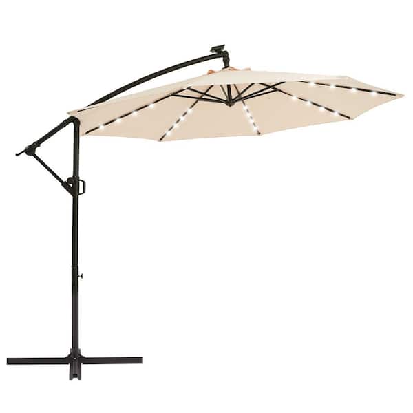 PASAMIC 10 ft. Solar LED Patio Offset Umbrella Outdoor Cantilever Umbrella Beige