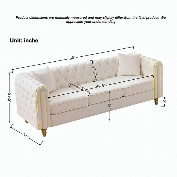 Noble House Warwick 86 in. W Rolled Arm Velvet Tufted 3-Seater