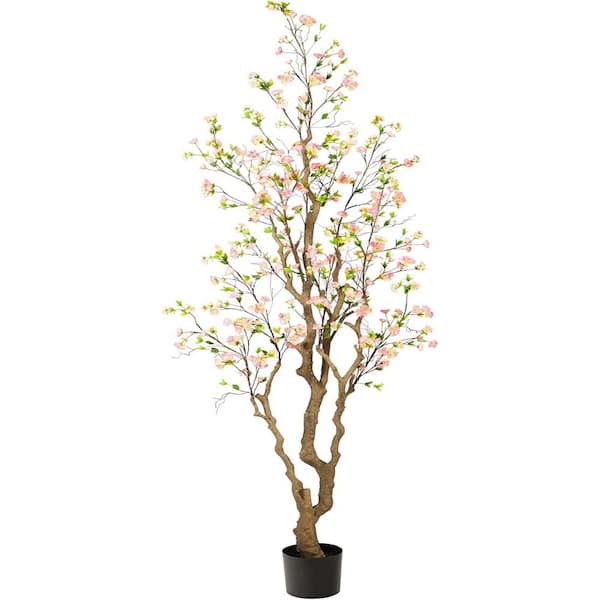 7.5 ft. Artificial Cherry Blossom Tree in Black Pot, Artificial Indoor Home Decor Plant