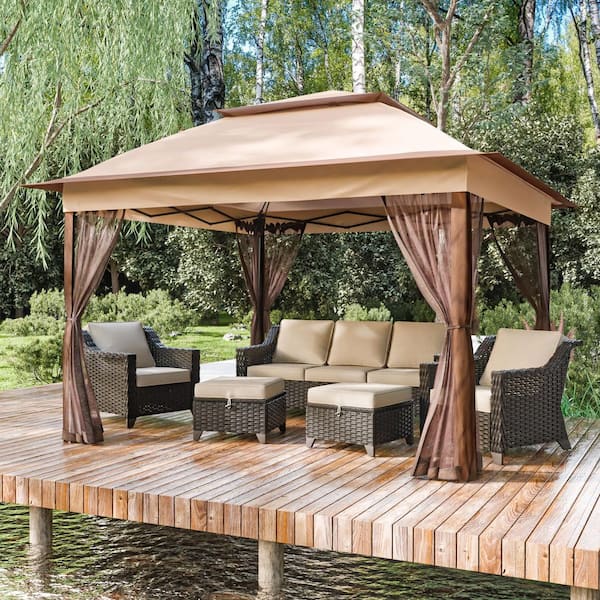 Beige Steel Portable Pop-Up Gazebo with Mosquito Netting 11 ft. x 11 ft.
