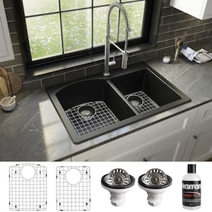 QT-610 Quartz/Granite 33 in. Double Bowl 60/40 Top Mount Drop-In Kitchen Sink in Black with Bottom Grid and Strainer