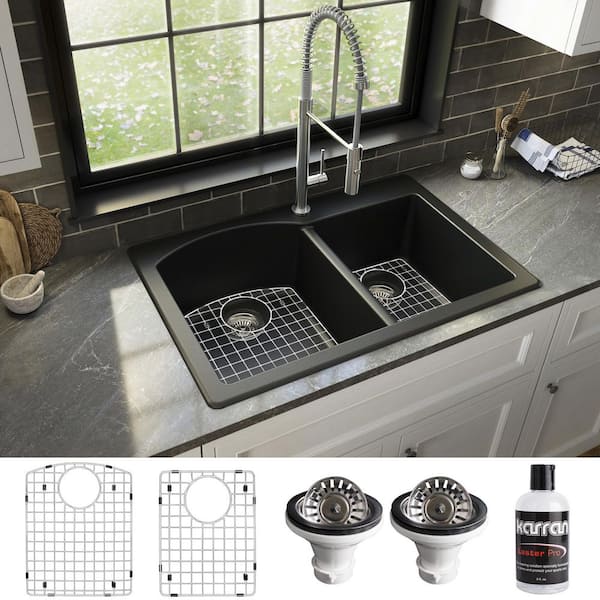 Karran QT-610 Quartz/Granite 33 in. Double Bowl 60/40 Top Mount Drop-In Kitchen Sink in Black with Bottom Grid and Strainer