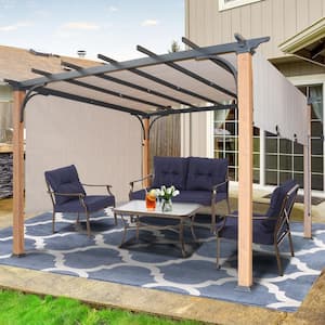 11 ft. x 11 ft. Beige Flat Wood-Look Frame Pergola with Retractable Textilene Shade Cover