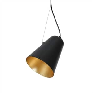 1-Light Black Cone Metal Shaded Pendant Light with Inner Brass Warm Effect, No Bulbs Included