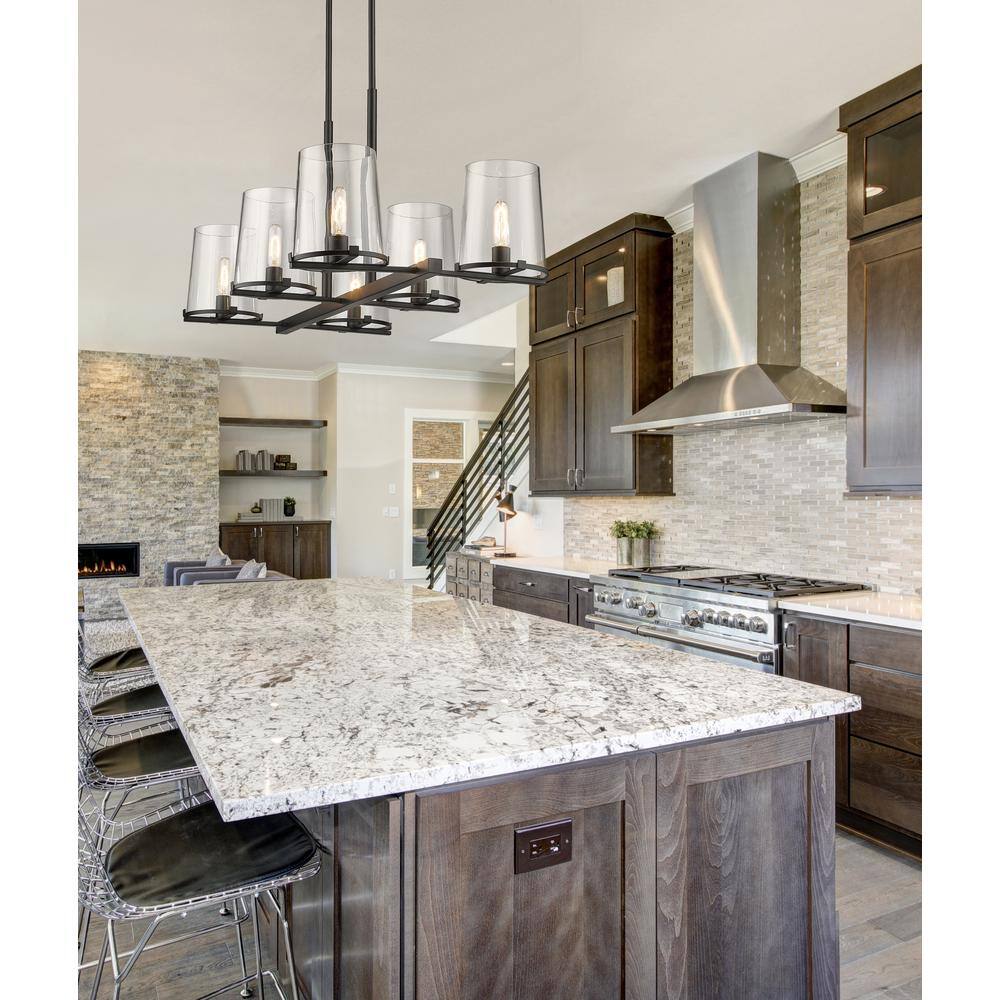 Matte Black 6-Light Steel Chandelier with Clear Glass Shades