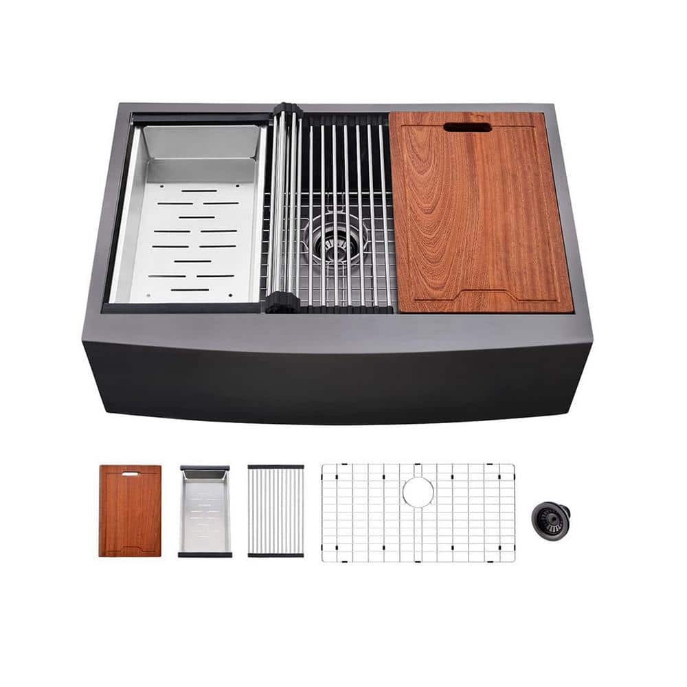 33 in. Farmhouse Apron Workstation Kitchen Sink 16 Gauge Matte Black Stainl