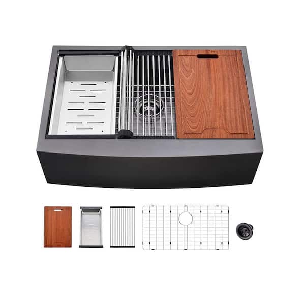 Unbranded 33 in. Farmhouse Apron Workstation Kitchen Sink 16 Gauge Matte Black Stainless Steel Single Bowl with Accessory Kit
