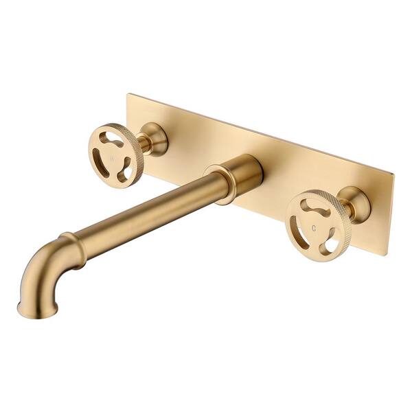 Tomfaucet Industrial Double-Handle Wall Mounted Bathroom Faucet in Brushed Gold