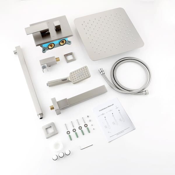 2-Spray Patterns with 2.5 GPM 10 in. Wall Mount Dual Shower Heads with Body Spray in Brushed Nickel